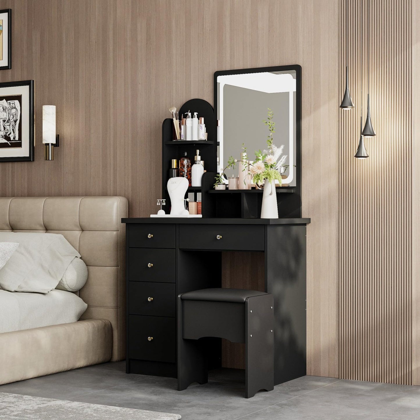 Black vanity table with mirror in a bedroom setting