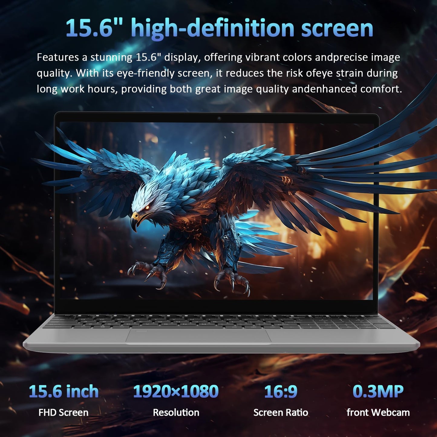 Auusda 15.6" Laptop Computer, 16GB RAM, 1TB NVMe, 4C4T N95 Up to 3.4GHz, FHD Display, Backlit Keyboard, Fingerprint Reader, Big 8000mAh Battery, Win11 Pro, Upgradable to 10TB Storage, Silver, T152A