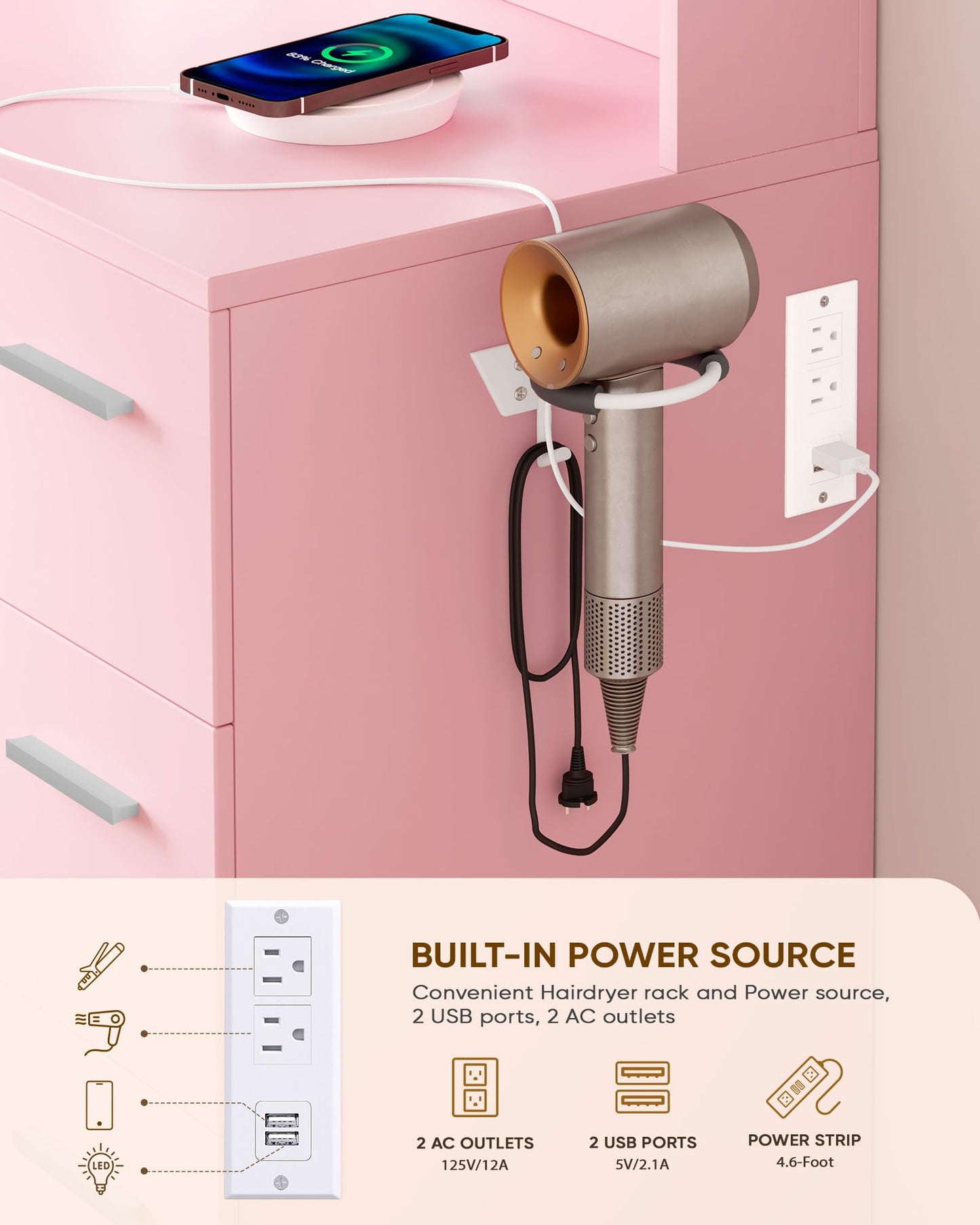 Hair dryer mounted on a wall with a built-in power source and charging station.