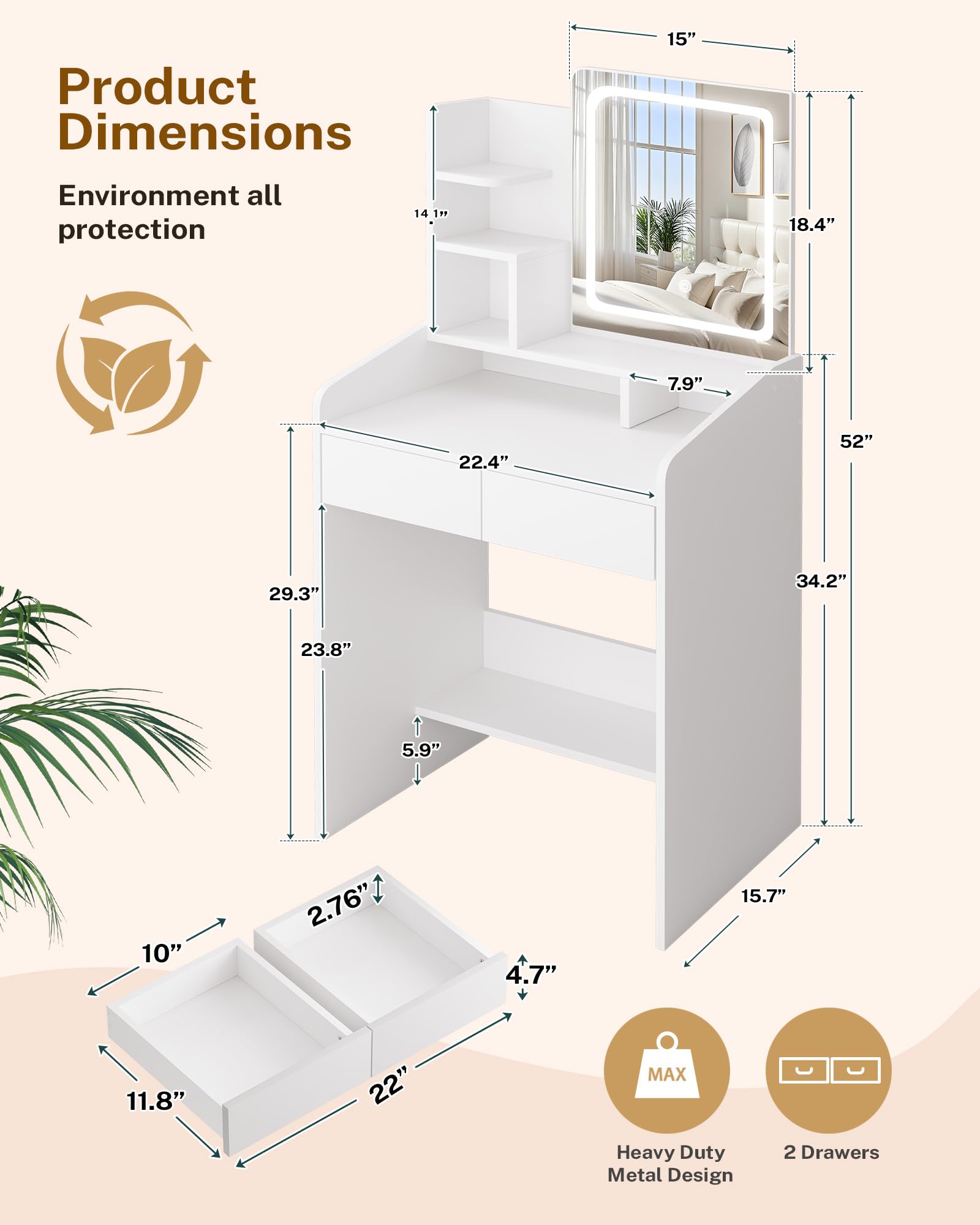 White vanity table with dimensions and features on a beige background