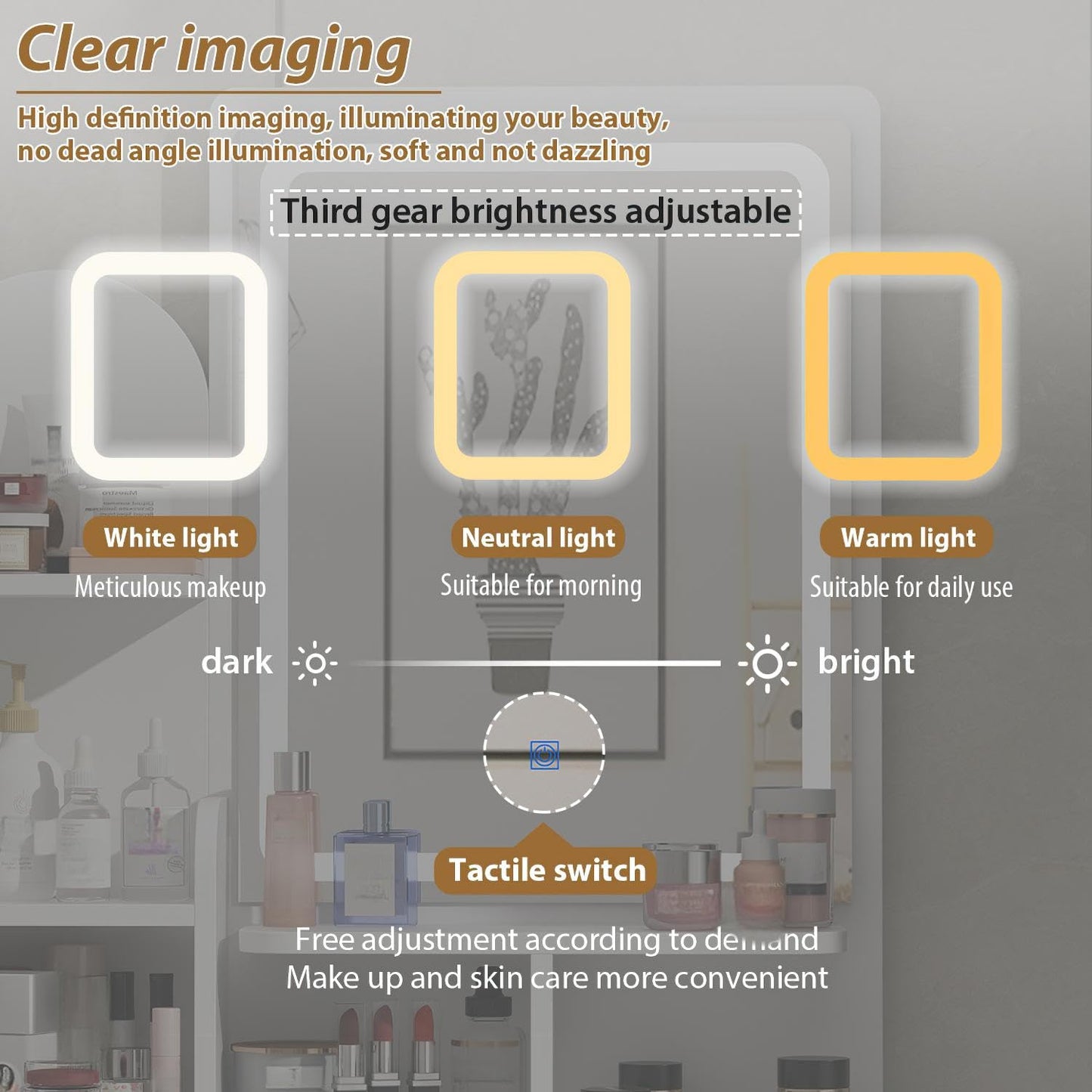 Advertisement for a makeup mirror with adjustable brightness settings on a gray background.