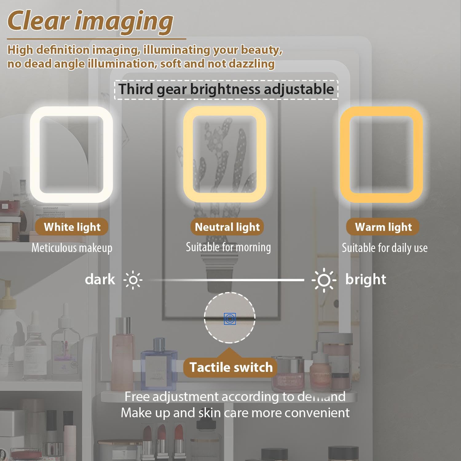 Advertisement for a makeup mirror with adjustable brightness settings on a gray background.