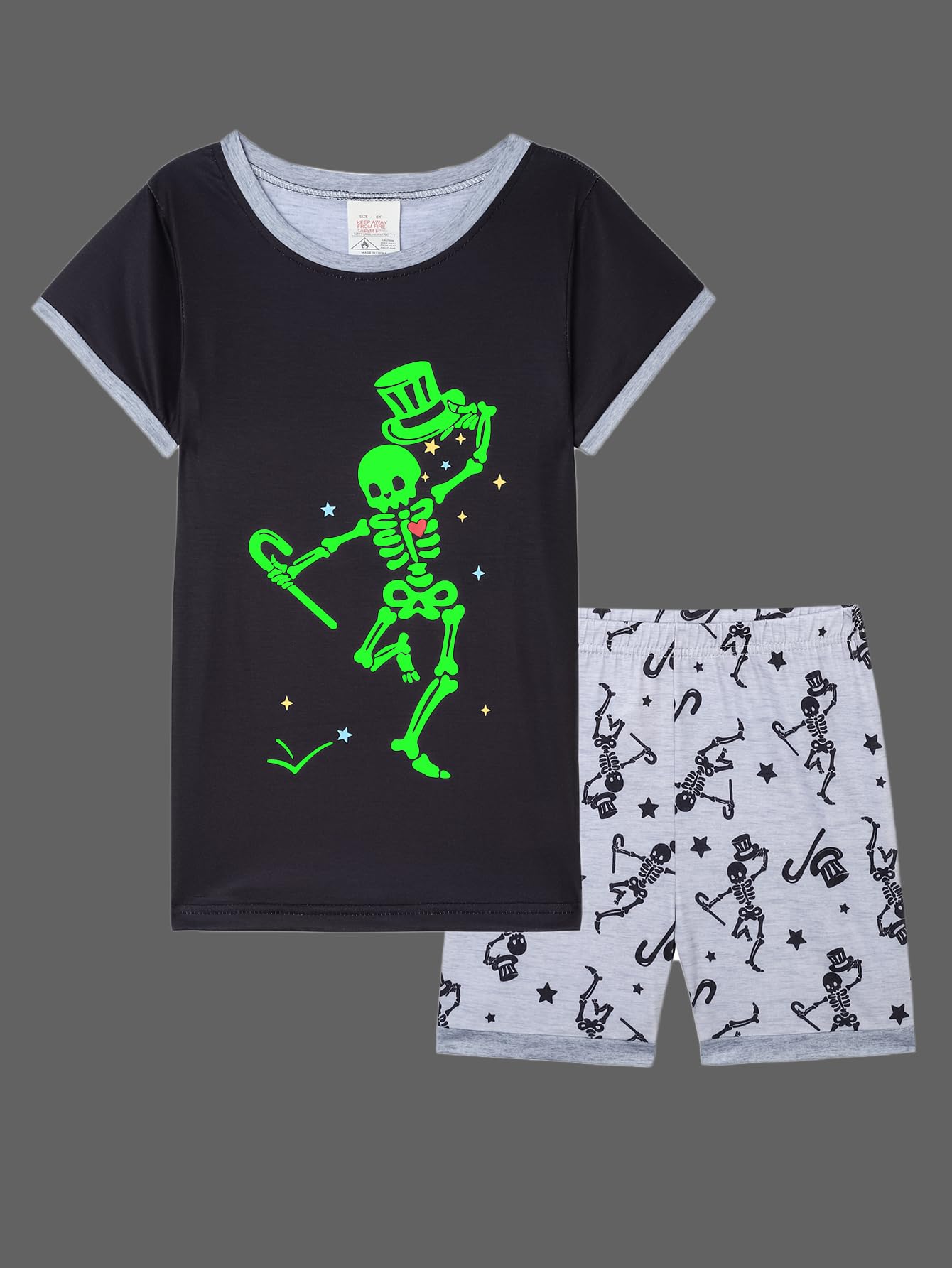 MyFav Big Boys Glow in Dark Skull Pjs Sleepwear Summer Pajama Shorts Sets, Skateboard, 14 Years