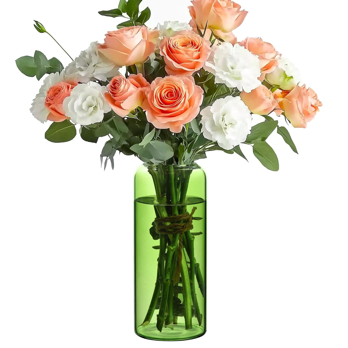 Bouquet of peach and white roses in a green vase on a white background