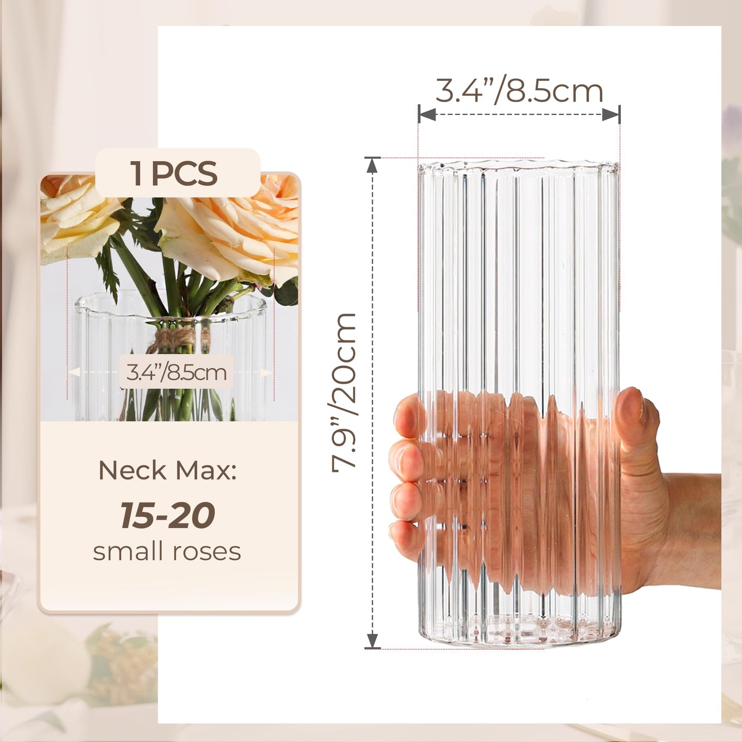 Clear glass vase with dimensions and floral capacity information on a white background