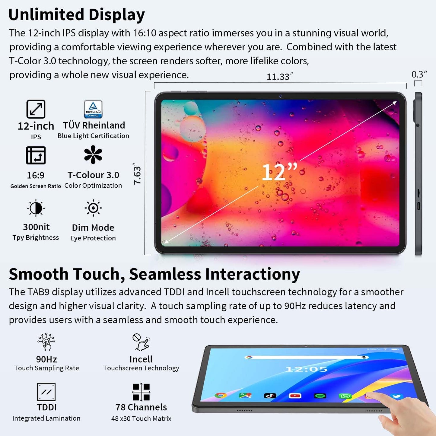 12 Inch Tablet Android 15 Tablets, 2025 Upgraded Android Tablet with Keyboard, 24GB RAM+256GB ROM(1TB Expand).
