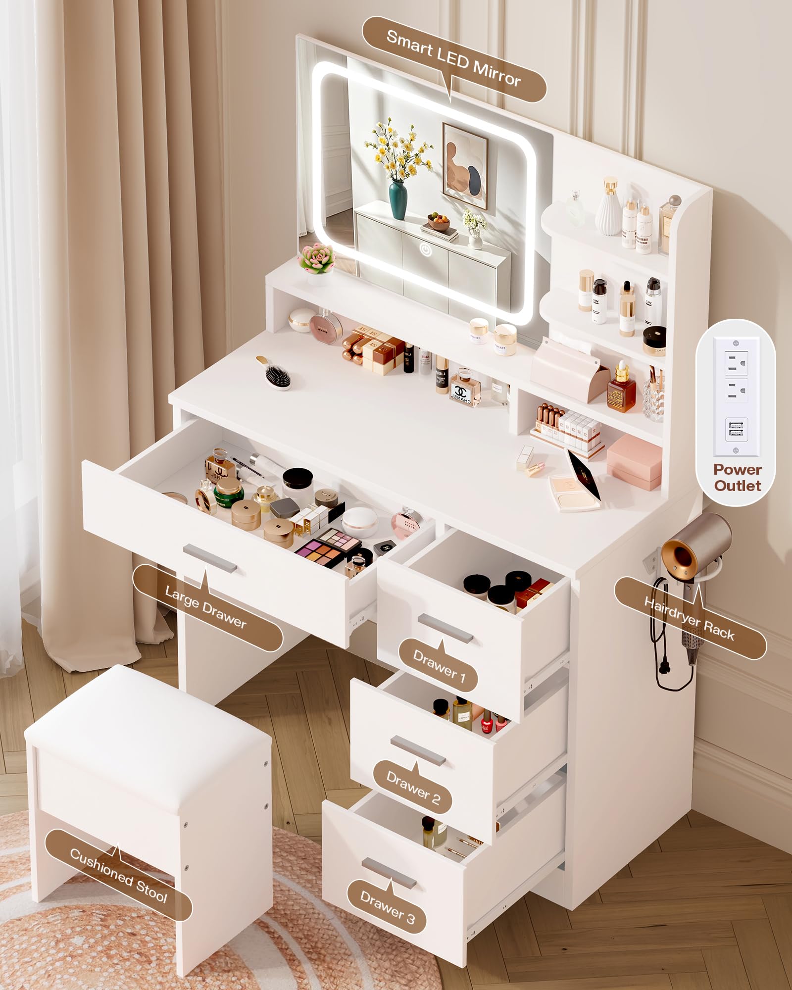 White makeup vanity with LED mirror, drawers, and various cosmetic items.