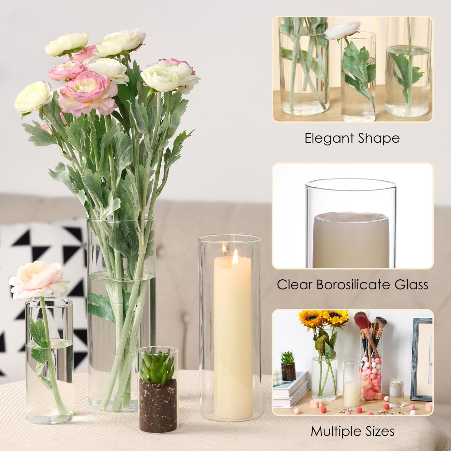 Clear borosilicate glass vases with flowers and candles on a table.