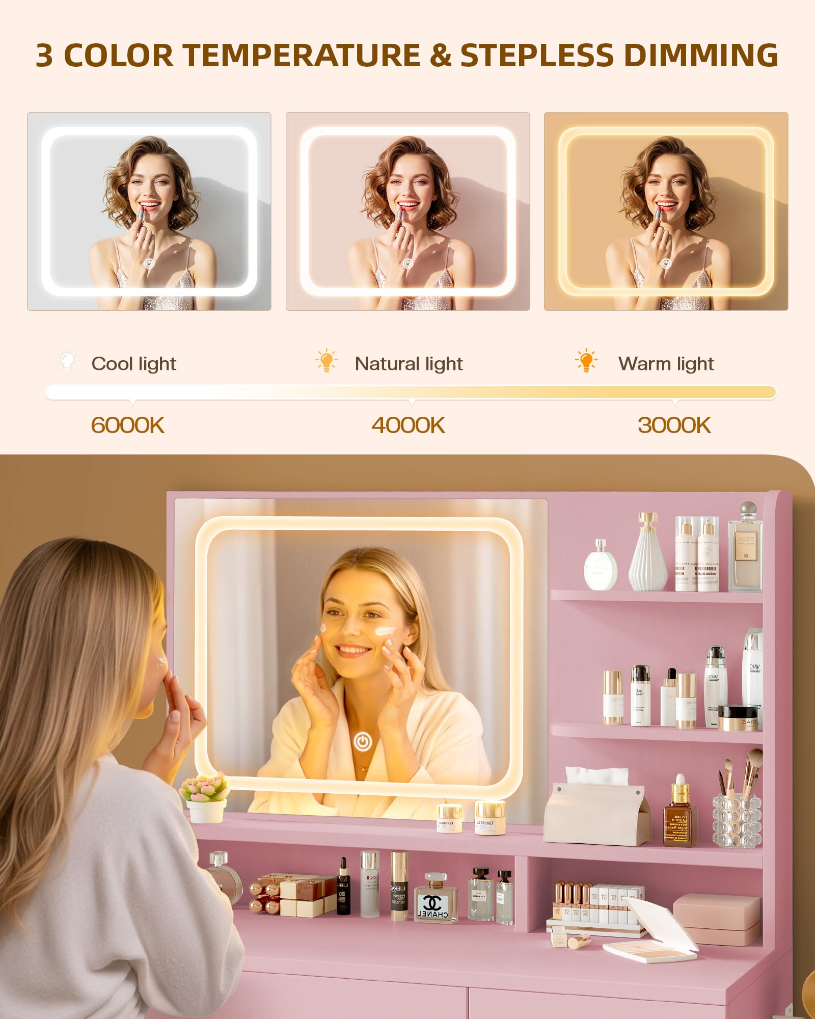 Woman applying makeup in a vanity mirror with three color temperature settings displayed.