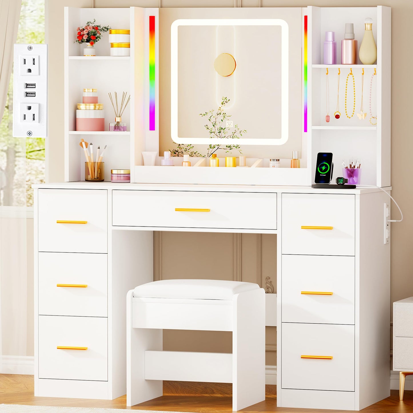 ANWBROAD Makeup Vanity Desk with Mirror and Lights 3 Colors Large Vanity Table with 7 Drawers & RGB Lights White Makeup Table with Charging Station 6 Storage Shelves Stool for Bedroom Women UBDT96W