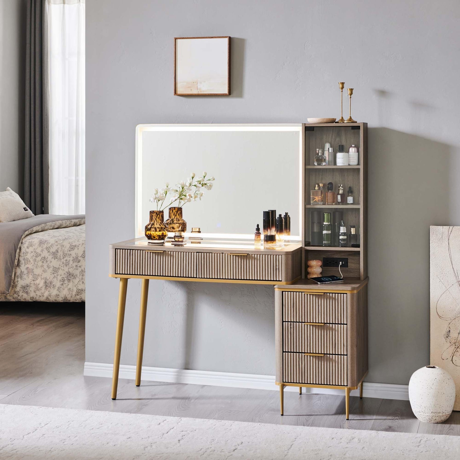 Cosmetic organizer with embedded tempered glass tabletop displaying various items.