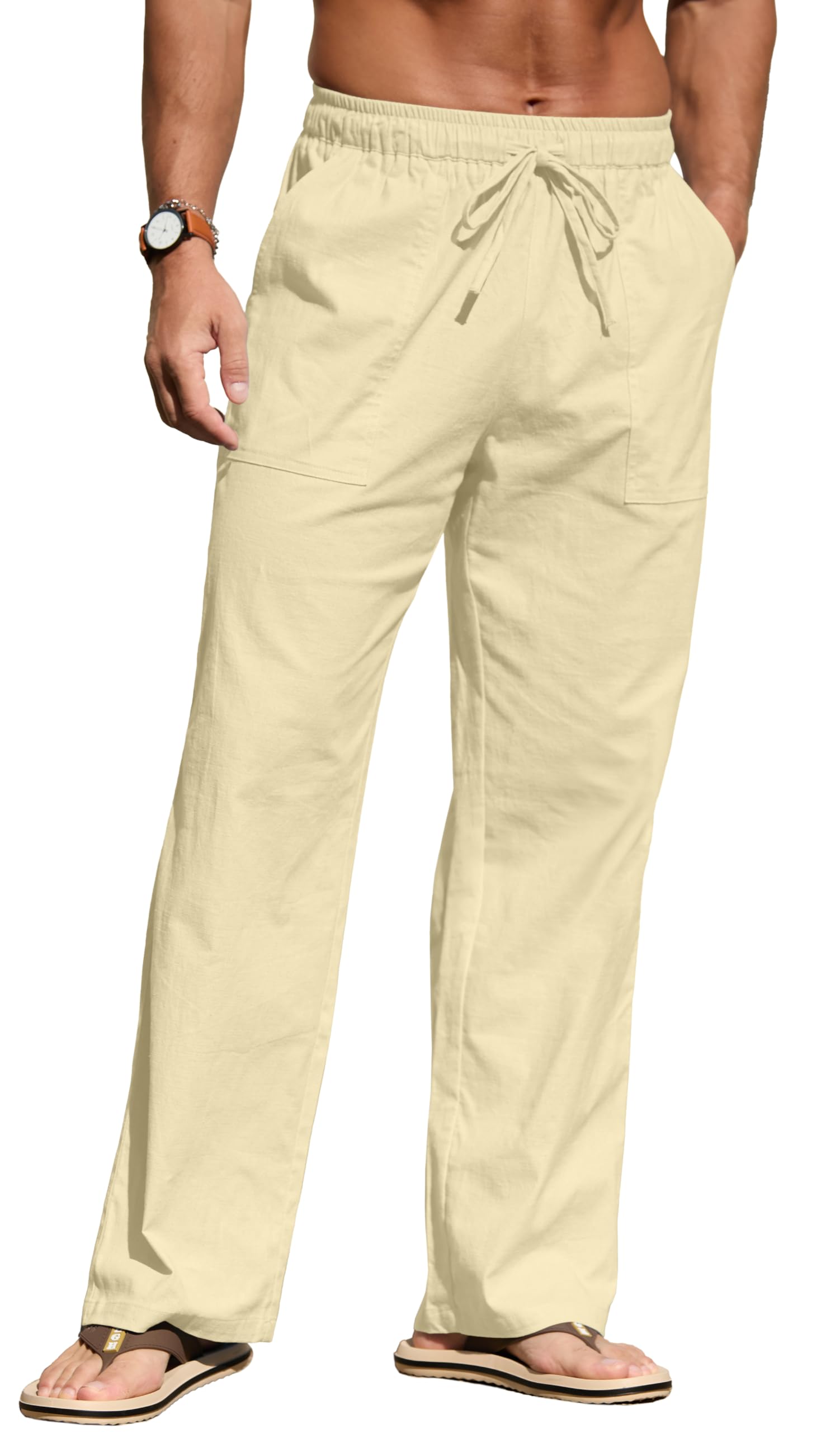 Sailwind Men's Casual Linen Pants Beach Summer Elastic Waist Drawstring Pants Lightweight Linen Trousers White