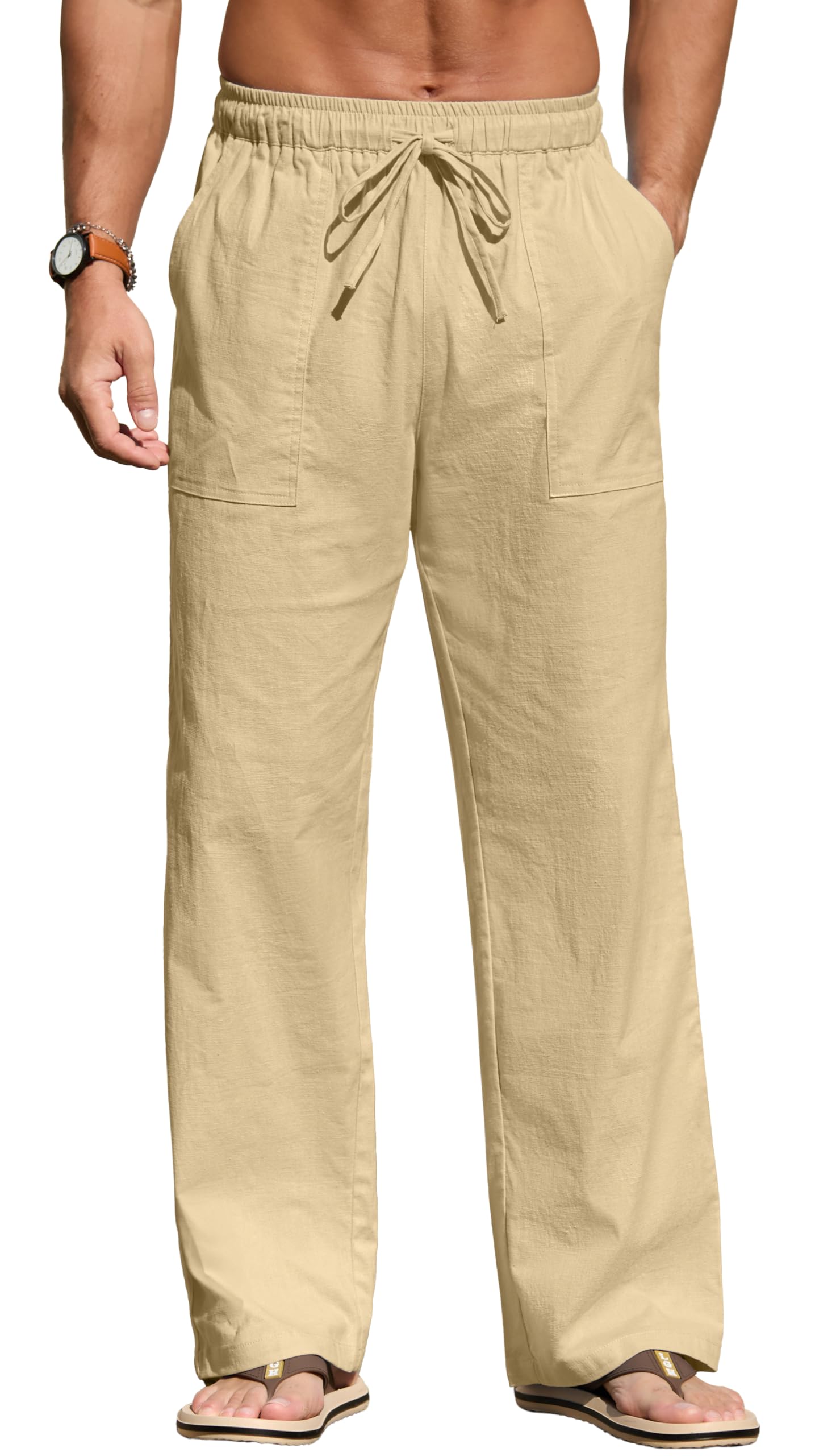 Sailwind Men's Casual Linen Pants Beach Summer Elastic Waist Drawstring Pants Lightweight Linen Trousers White