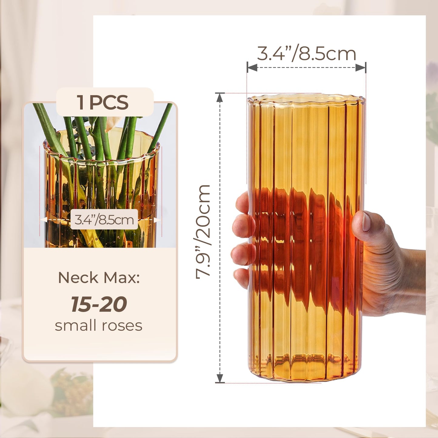 Orange glass vase with dimensions and floral capacity information on a white background