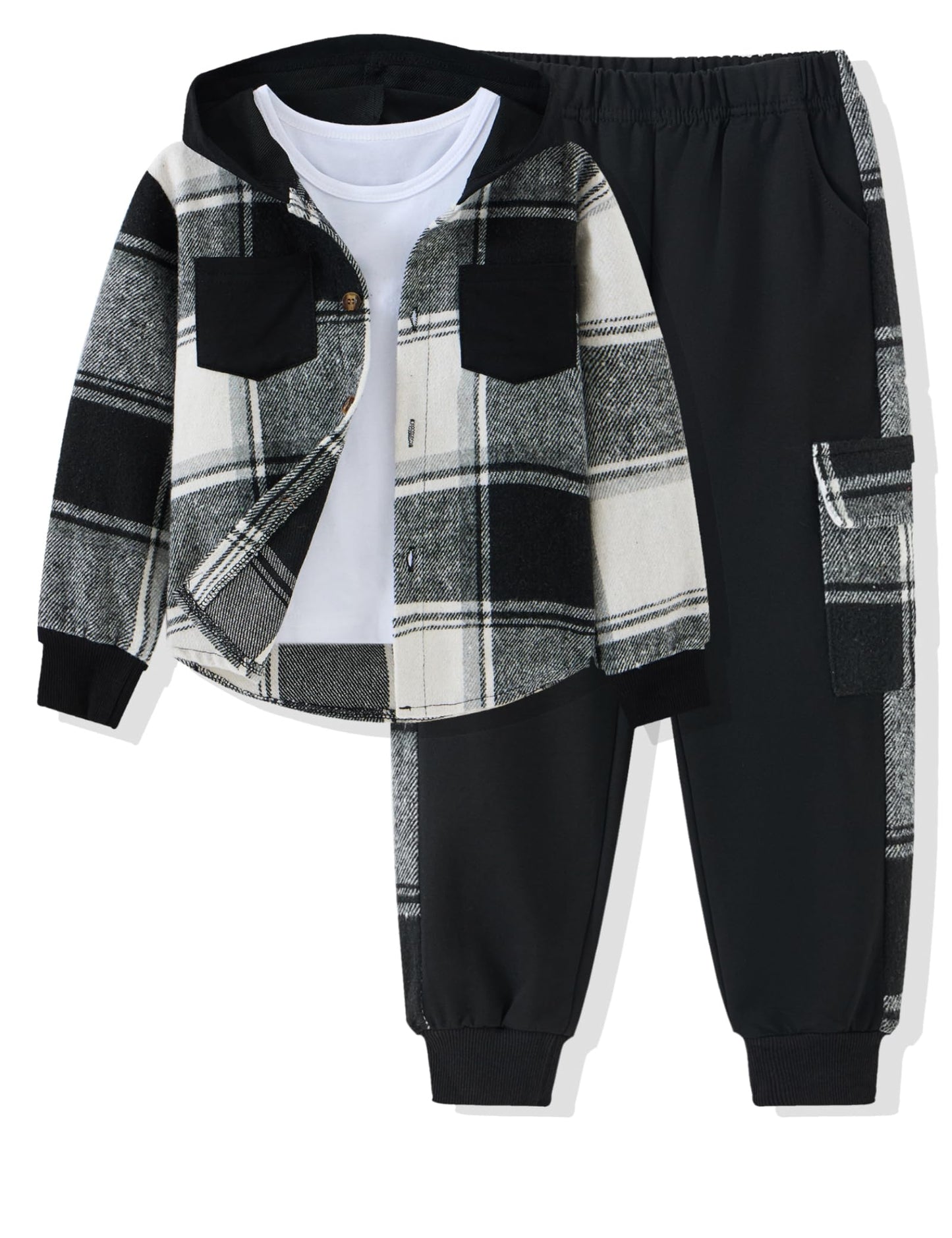 Auiopila Kids Toddler Boy Clothes Plaid Hooded Shirt White T-shirt Top and Solid Color Pants 3Pcs Winter Boys Outfits