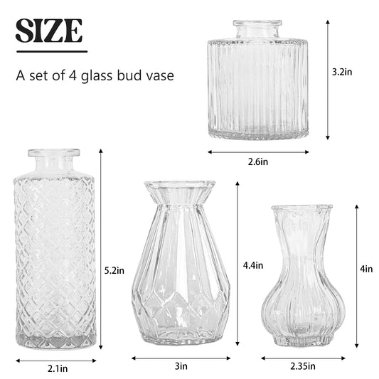 Set of 4 Glass Bud Vase Set, Small Vintage Clear Flower Vase.