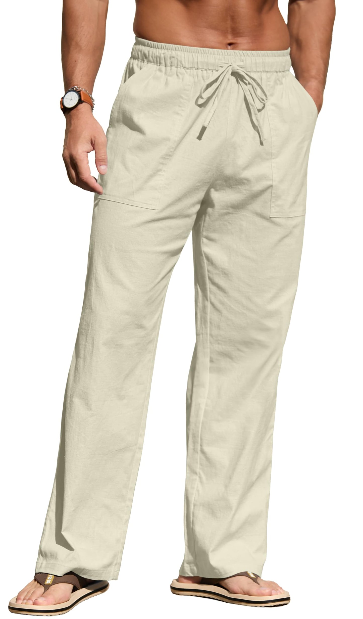 Sailwind Men's Casual Linen Pants Beach Summer Elastic Waist Drawstring Pants Lightweight Linen Trousers White