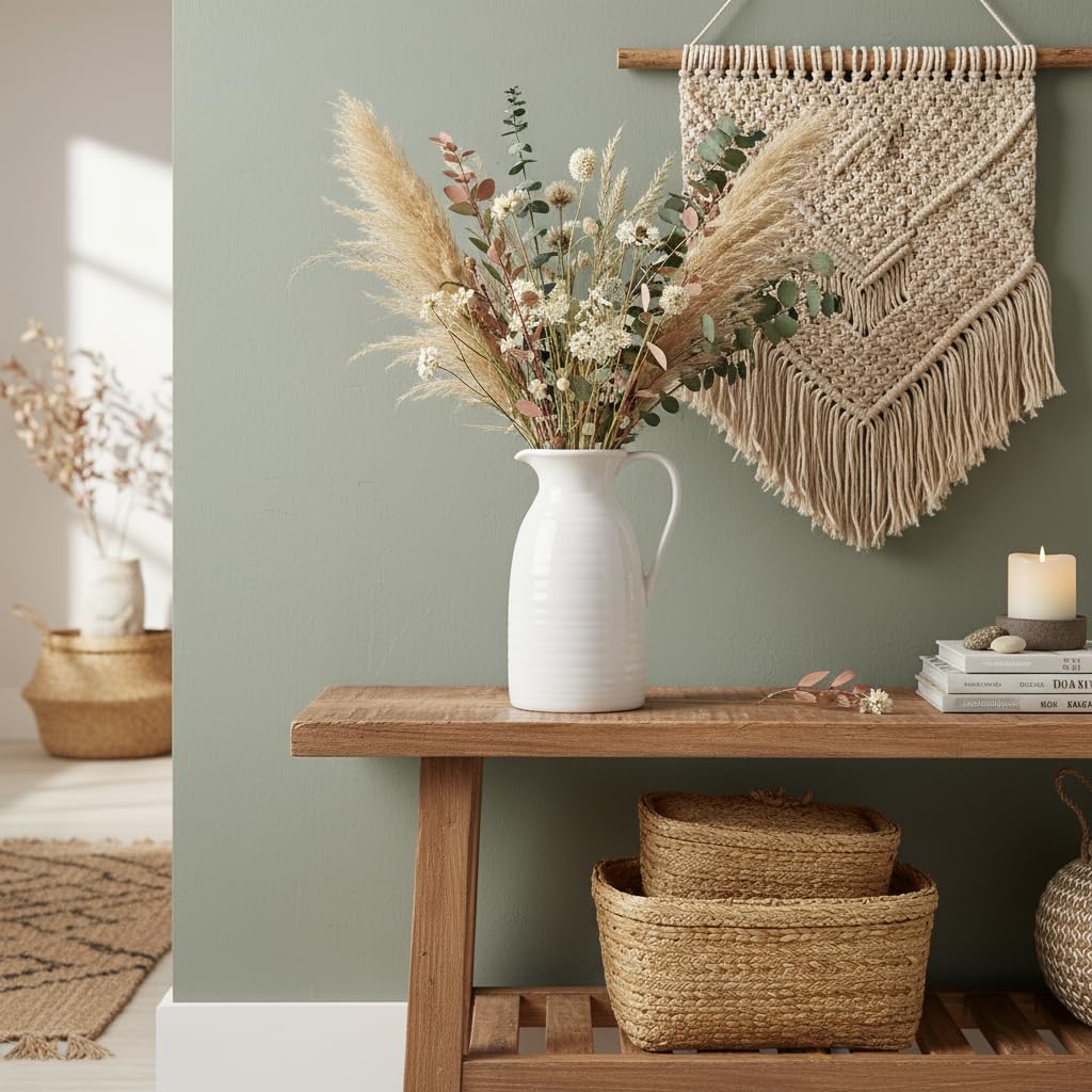 Nestled corner with a wooden console table, white vase with dried flowers, woven baskets, and a macramé wall hanging against a green wall.