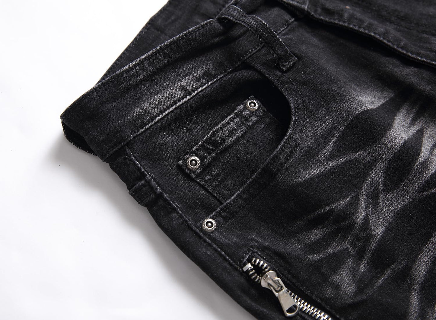 AITITIA Men's Biker Zipper Deco Washed Straight Fit Jeans (40, 002 Light Blue)