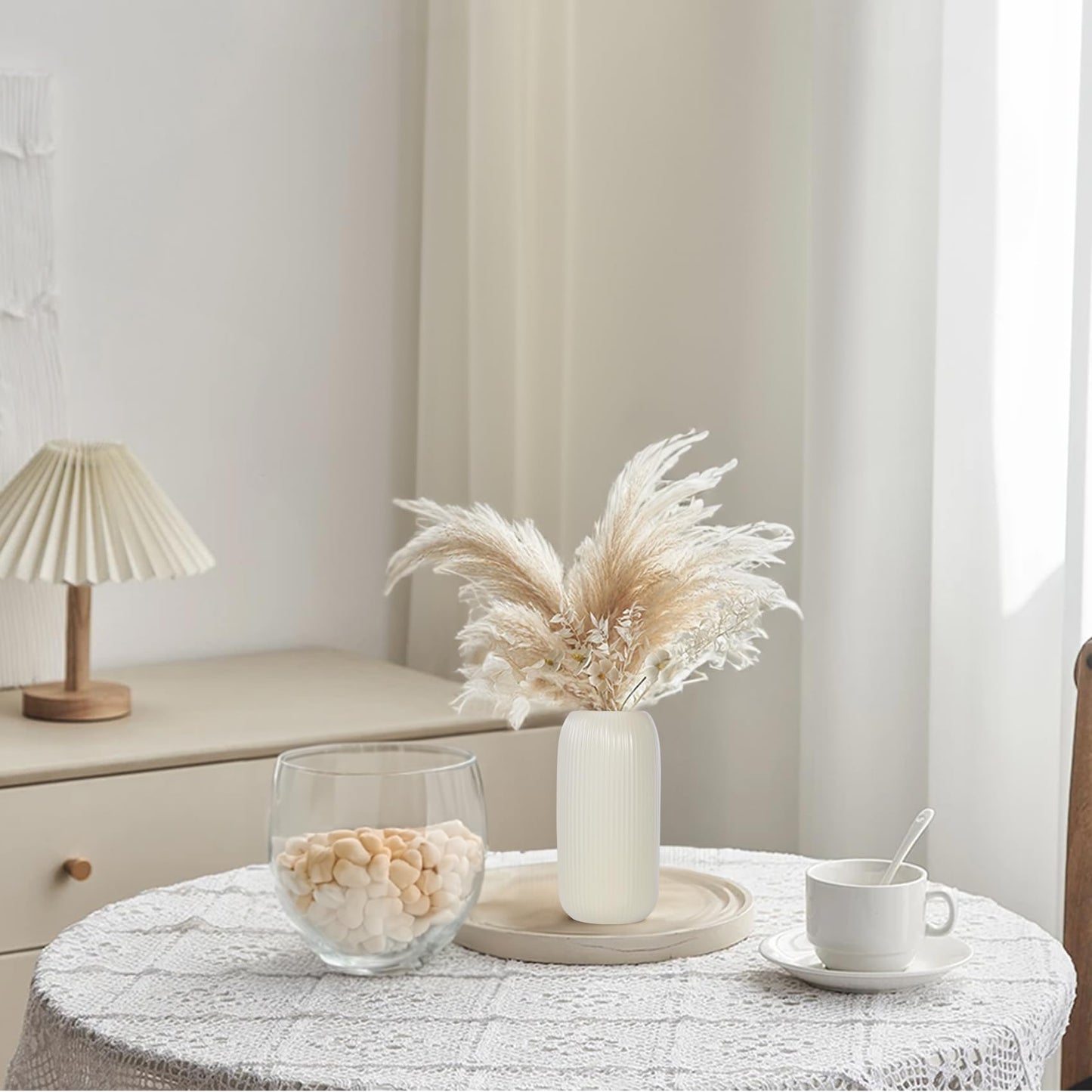 Ceramic Vase for Flowers – Modern Small Ribbed Textured Flower Vase for Home Decor, Pampas Grass, Decorative, Farmhouse, Coffee Table, Kitchen Centerpieces, Bookshelf and Home Living (White)