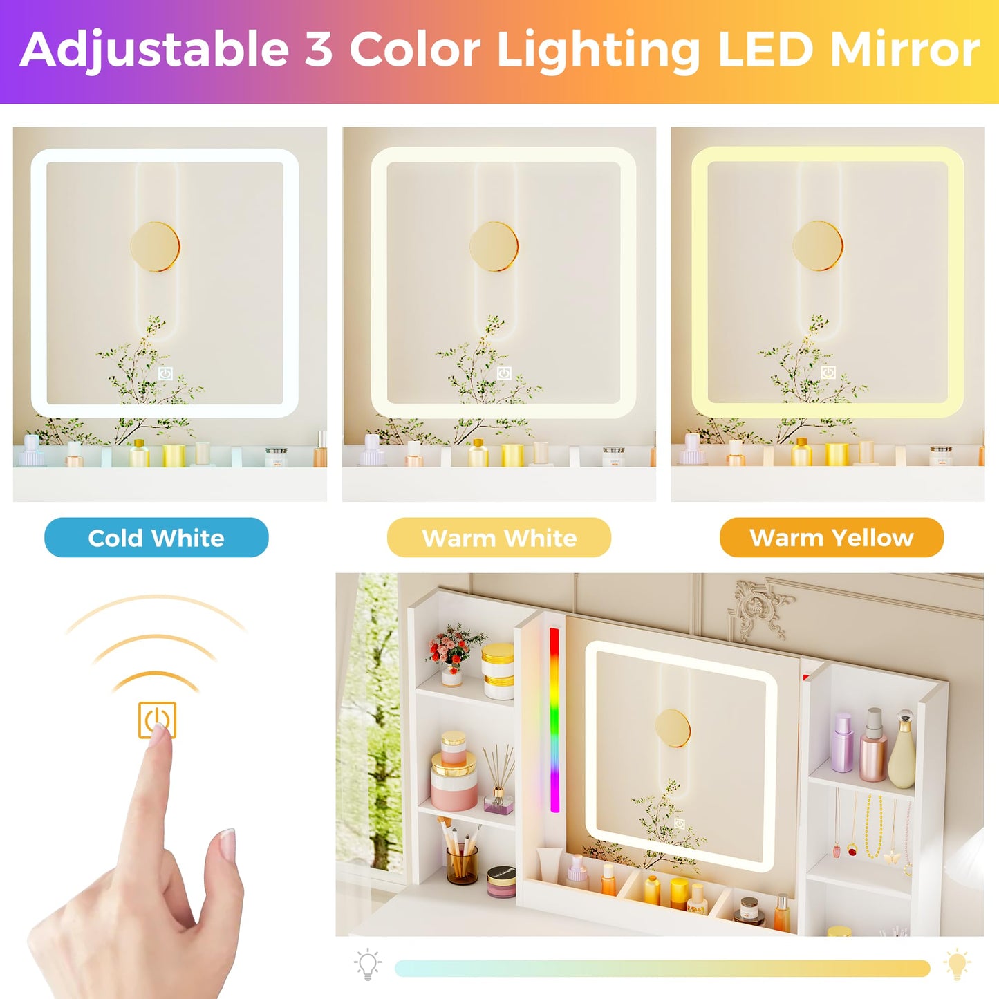 ANWBROAD Makeup Vanity Desk with Mirror and Lights 3 Colors Large Vanity Table with 7 Drawers & RGB Lights White Makeup Table with Charging Station 6 Storage Shelves Stool for Bedroom Women UBDT96W