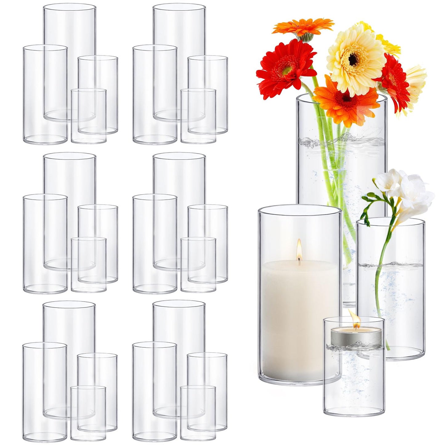 Set of clear glass vases with a candle and flowers on a white background