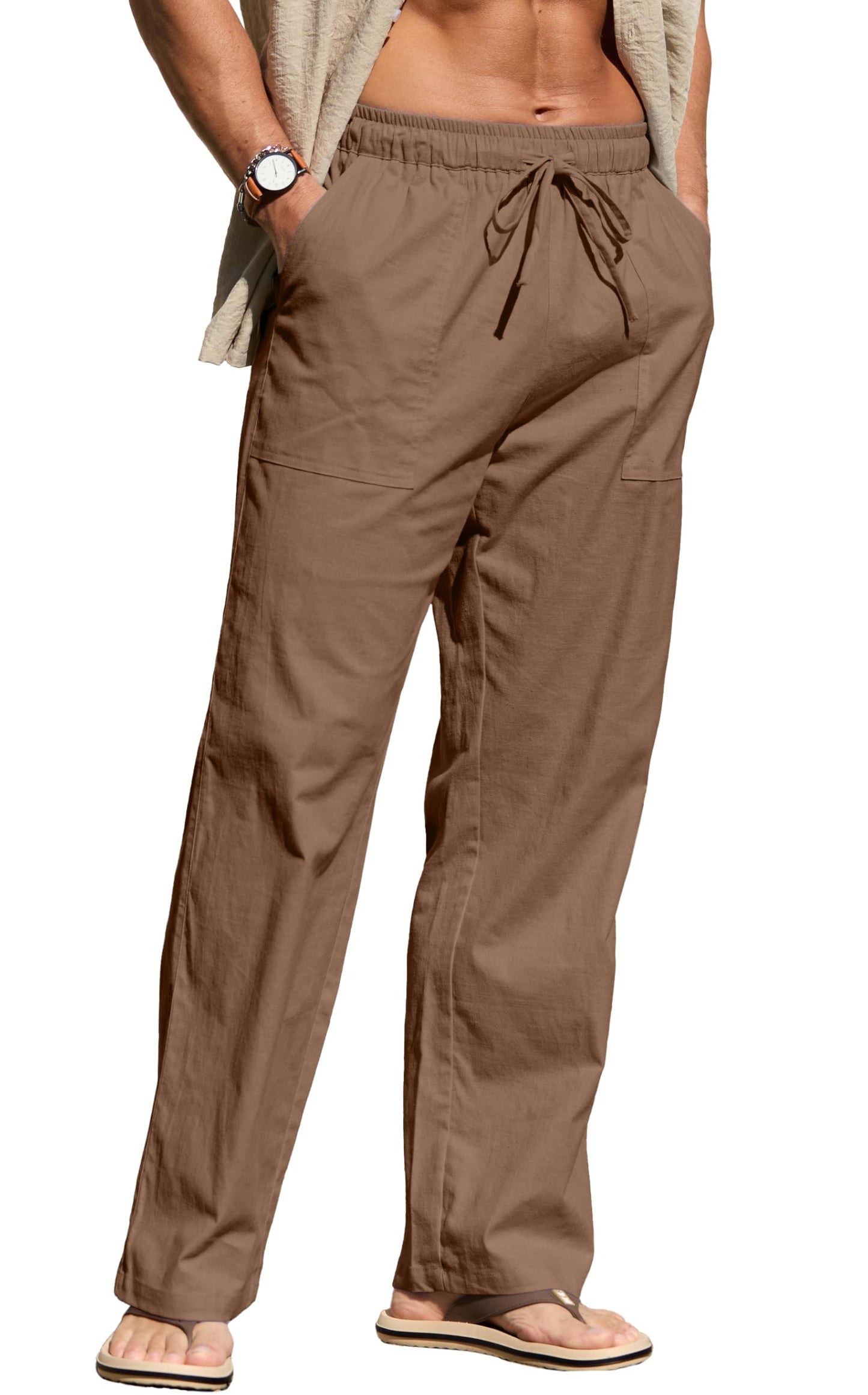 Sailwind Men's Casual Linen Pants Beach Summer Elastic Waist Drawstring Pants Lightweight Linen Trousers White