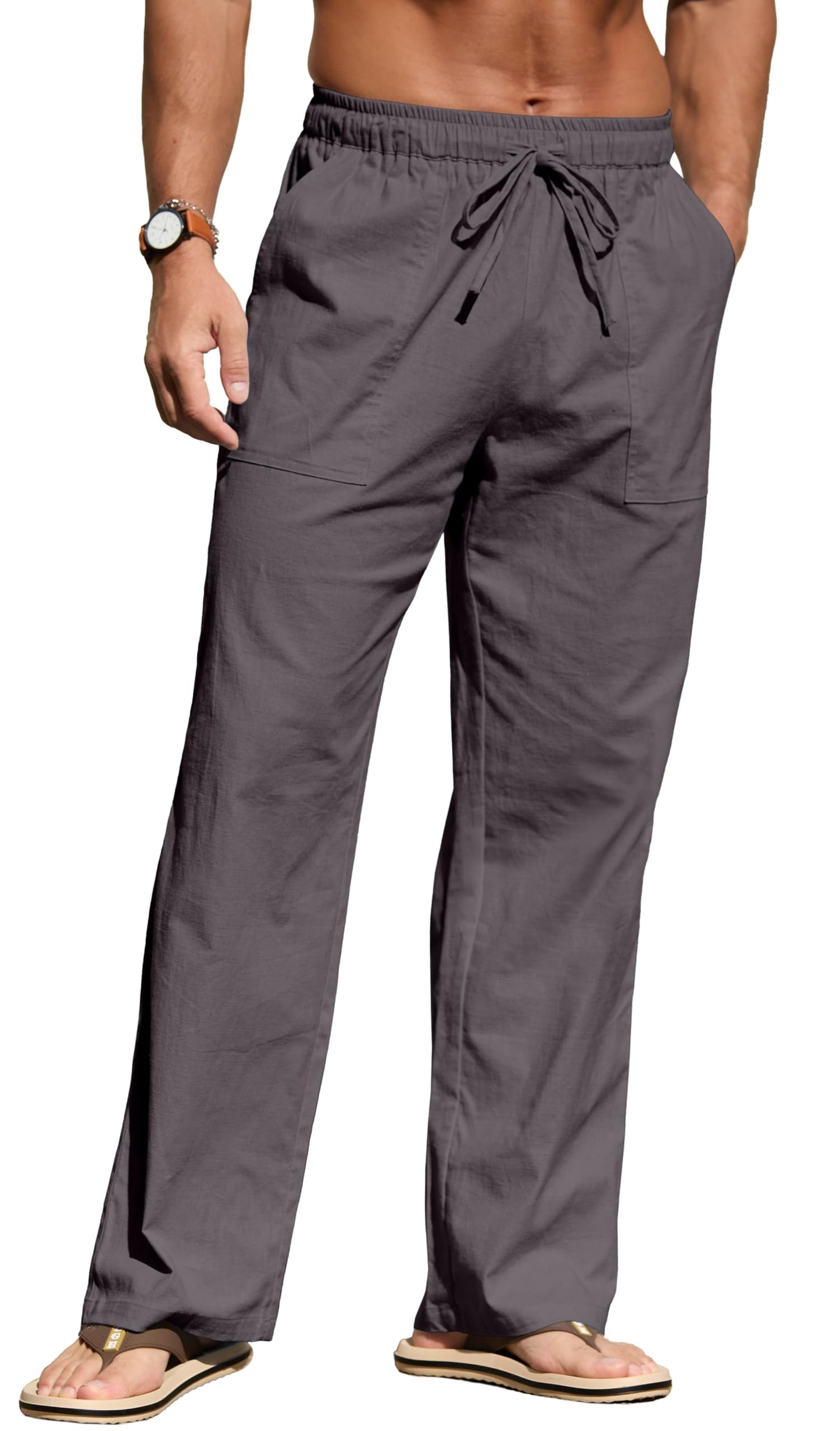 Sailwind Men's Casual Linen Pants Beach Summer Elastic Waist Drawstring Pants Lightweight Linen Trousers White