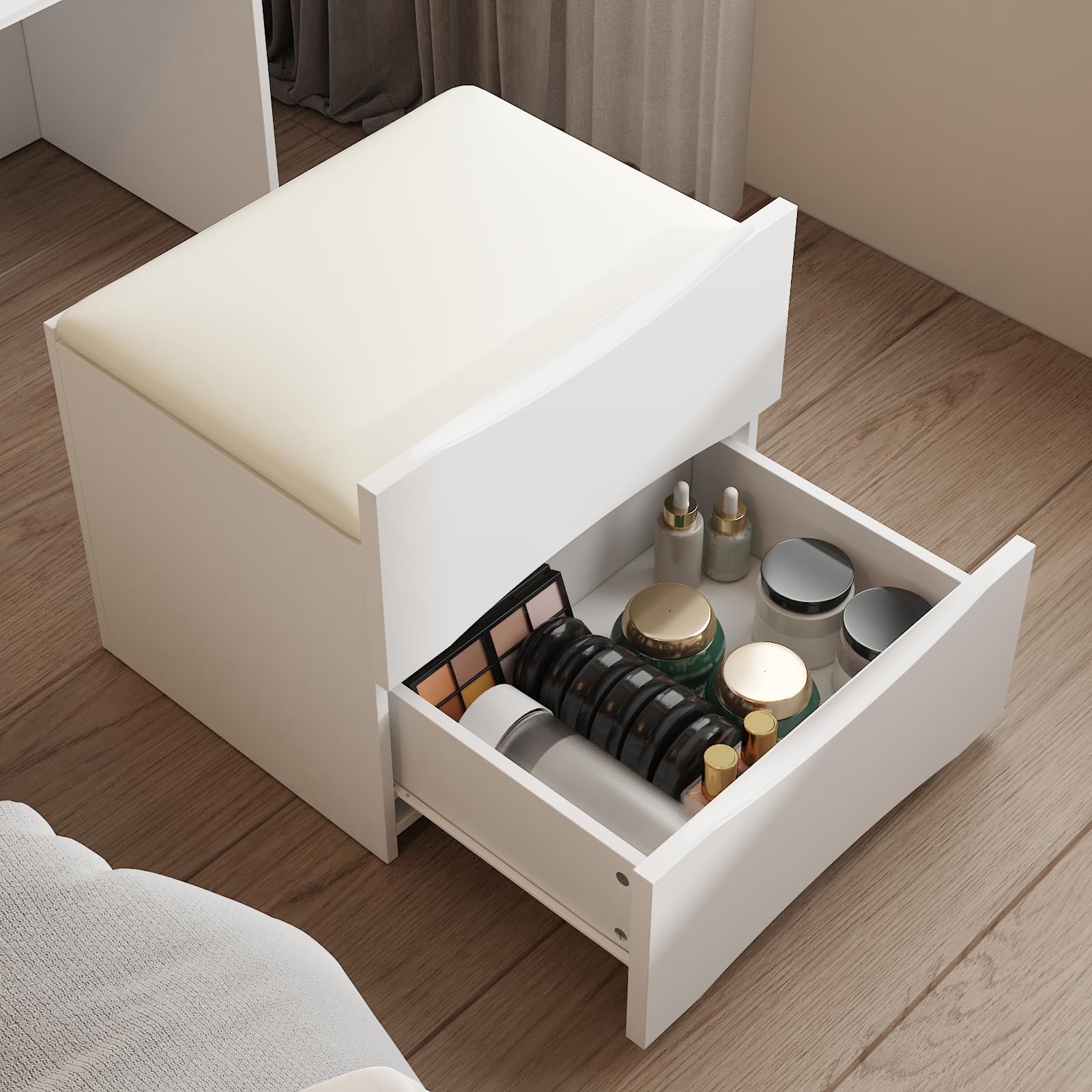 White ottoman with an open drawer containing cosmetic items on a wooden floor.