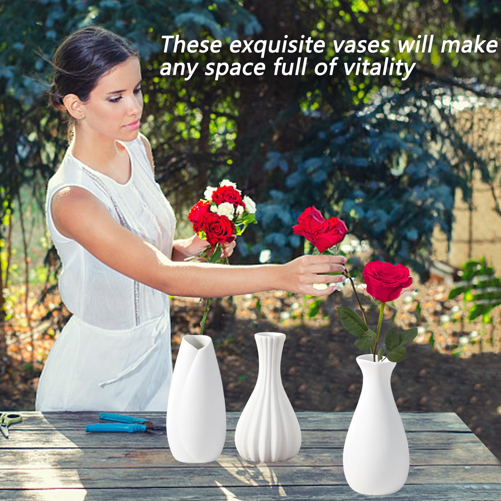 Woman arranging flowers in white vases outdoors with text overlay.