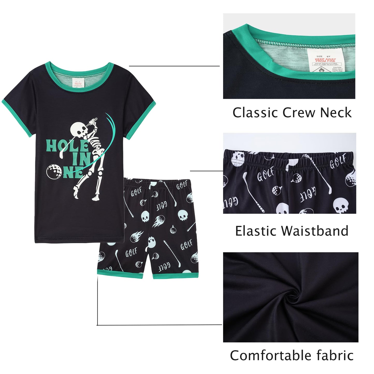 MyFav Big Boys Glow in Dark Skull Pjs Sleepwear Summer Pajama Shorts Sets, Skateboard, 14 Years