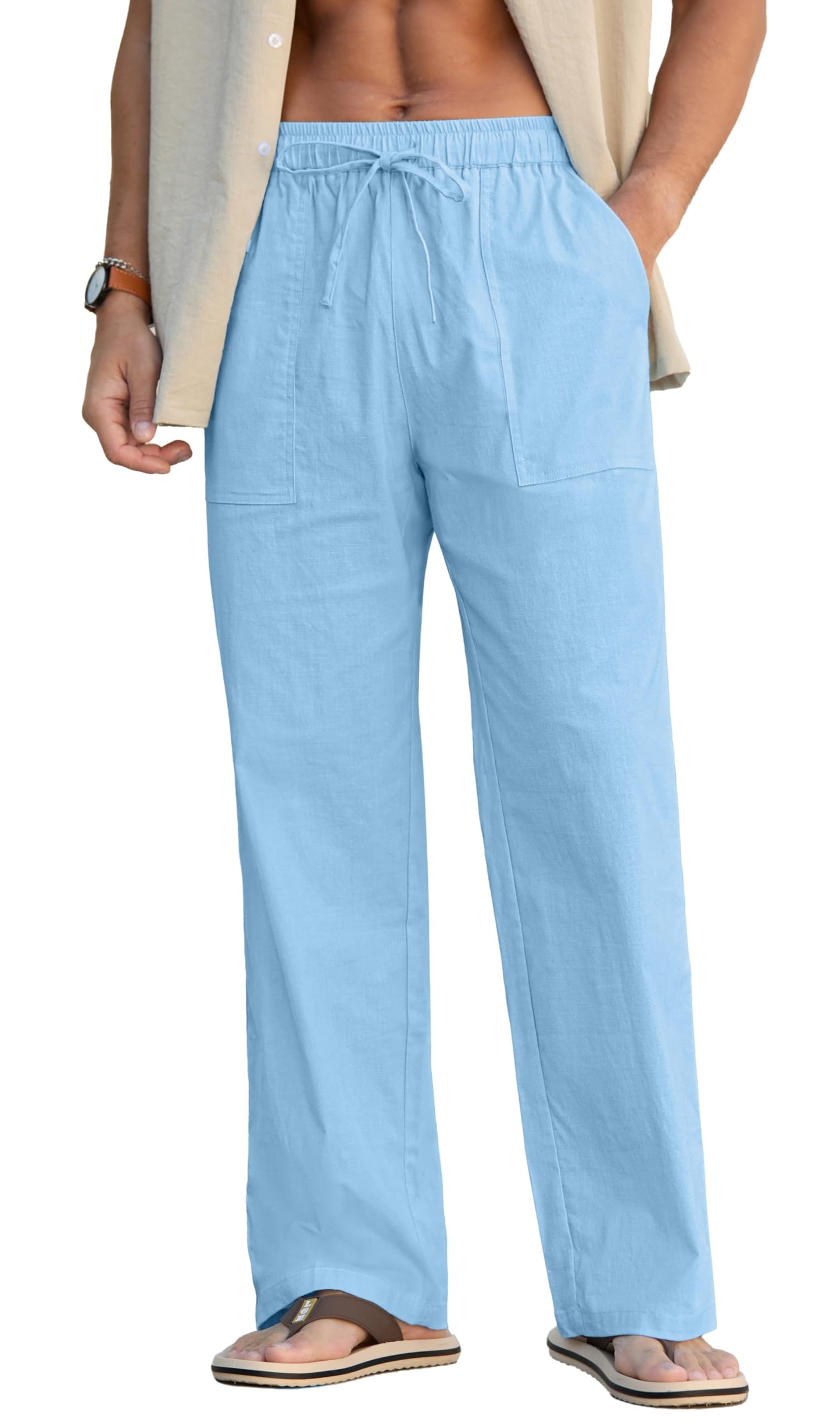 Sailwind Men's Casual Linen Pants Beach Summer Elastic Waist Drawstring Pants Lightweight Linen Trousers White