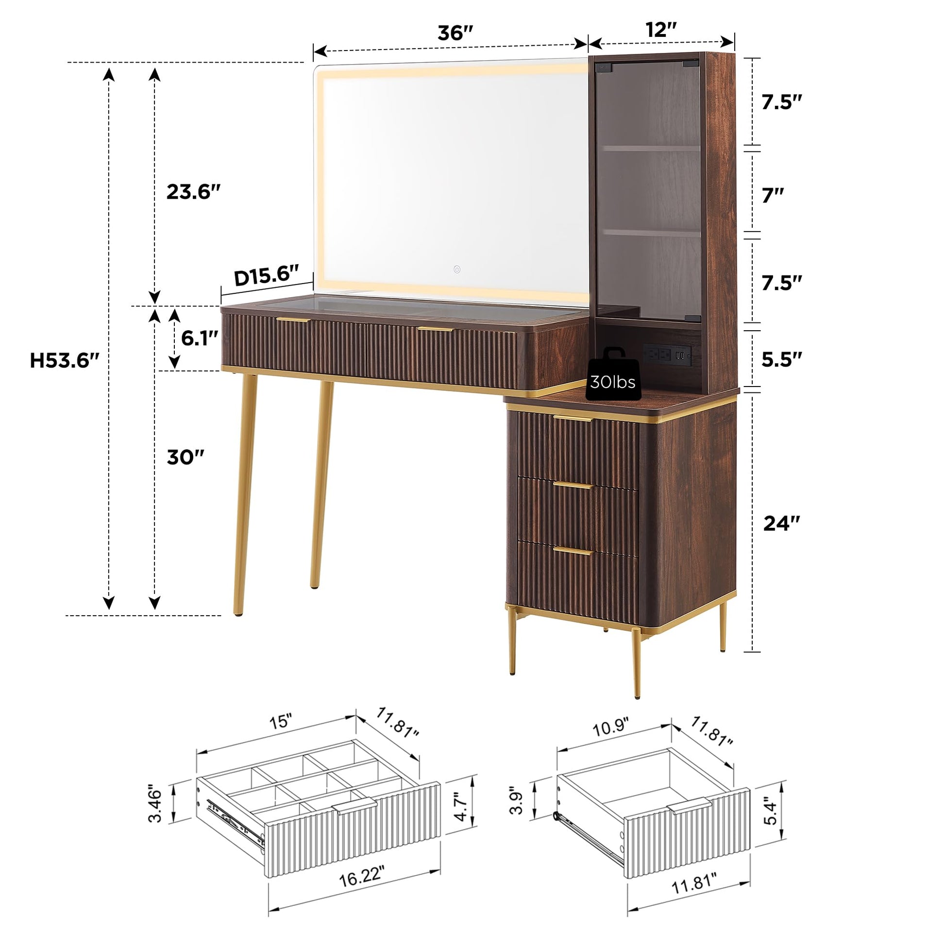Cosmetic organizer with embedded tempered glass tabletop displaying various items.