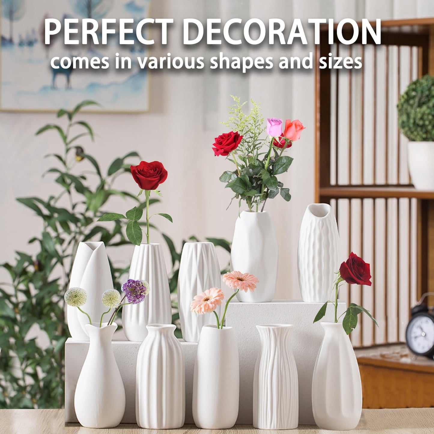 White ceramic vases with flowers on a table, with text 'Perfect decoration comes in various shapes and sizes'.