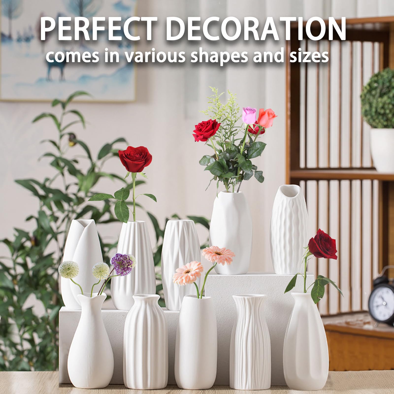White ceramic vases with flowers on a table, with text 'Perfect decoration comes in various shapes and sizes'.