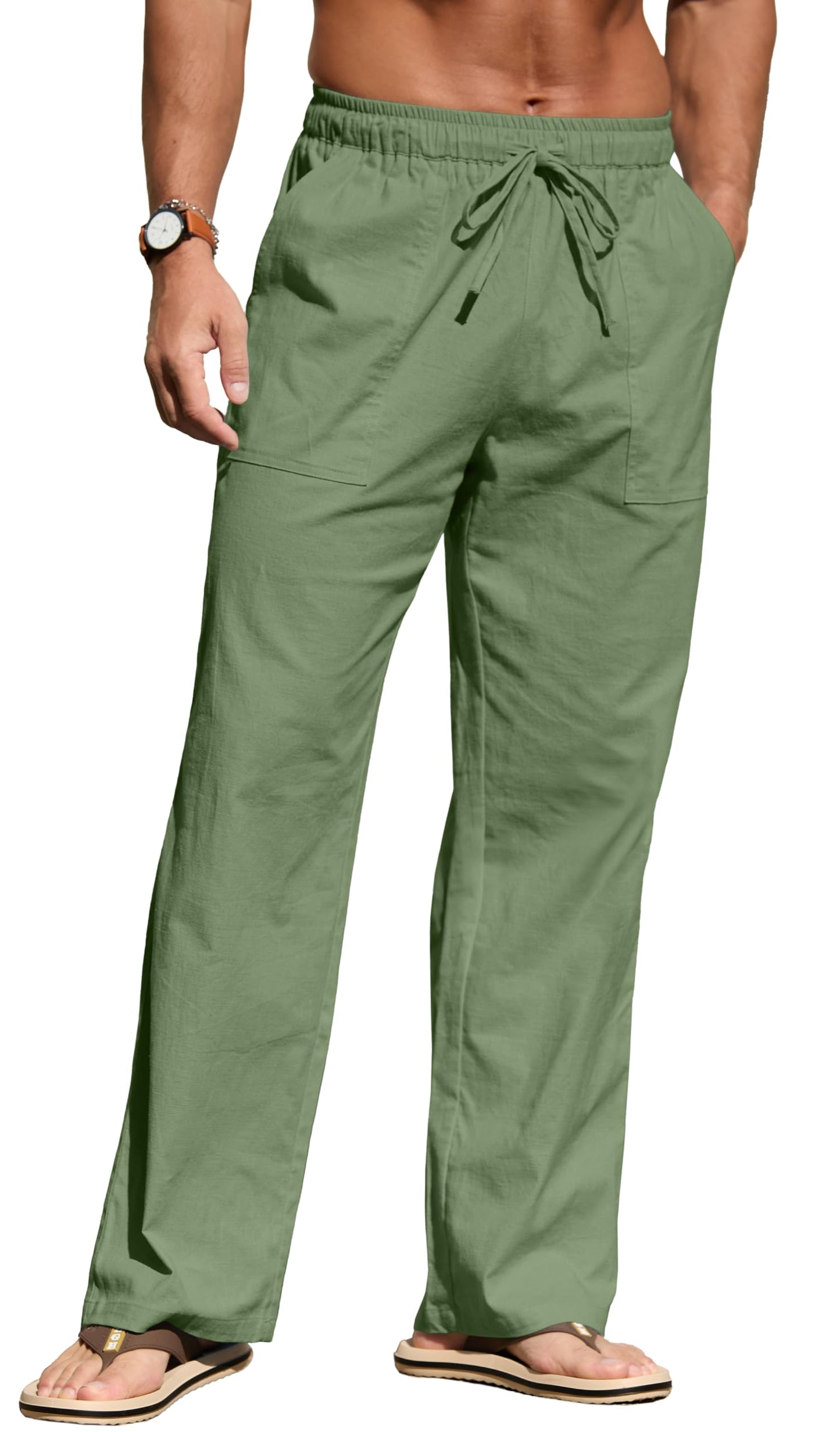 Sailwind Men's Casual Linen Pants Beach Summer Elastic Waist Drawstring Pants Lightweight Linen Trousers White