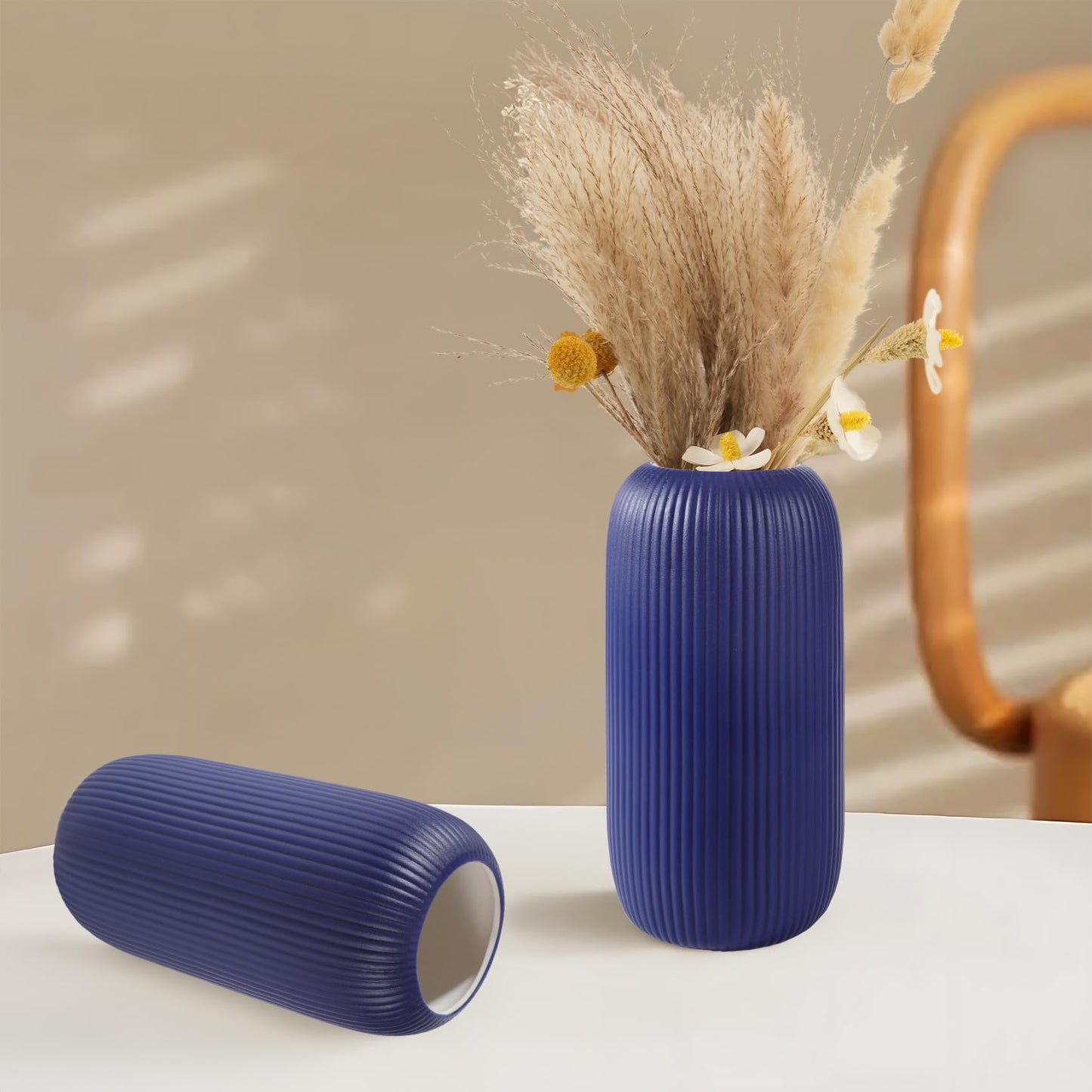 Ceramic Vase for Flowers – Modern Small Ribbed Textured Flower Vase for Home Decor, Pampas Grass, Decorative, Farmhouse, Coffee Table, Kitchen Centerpieces, Bookshelf and Home Living (White)