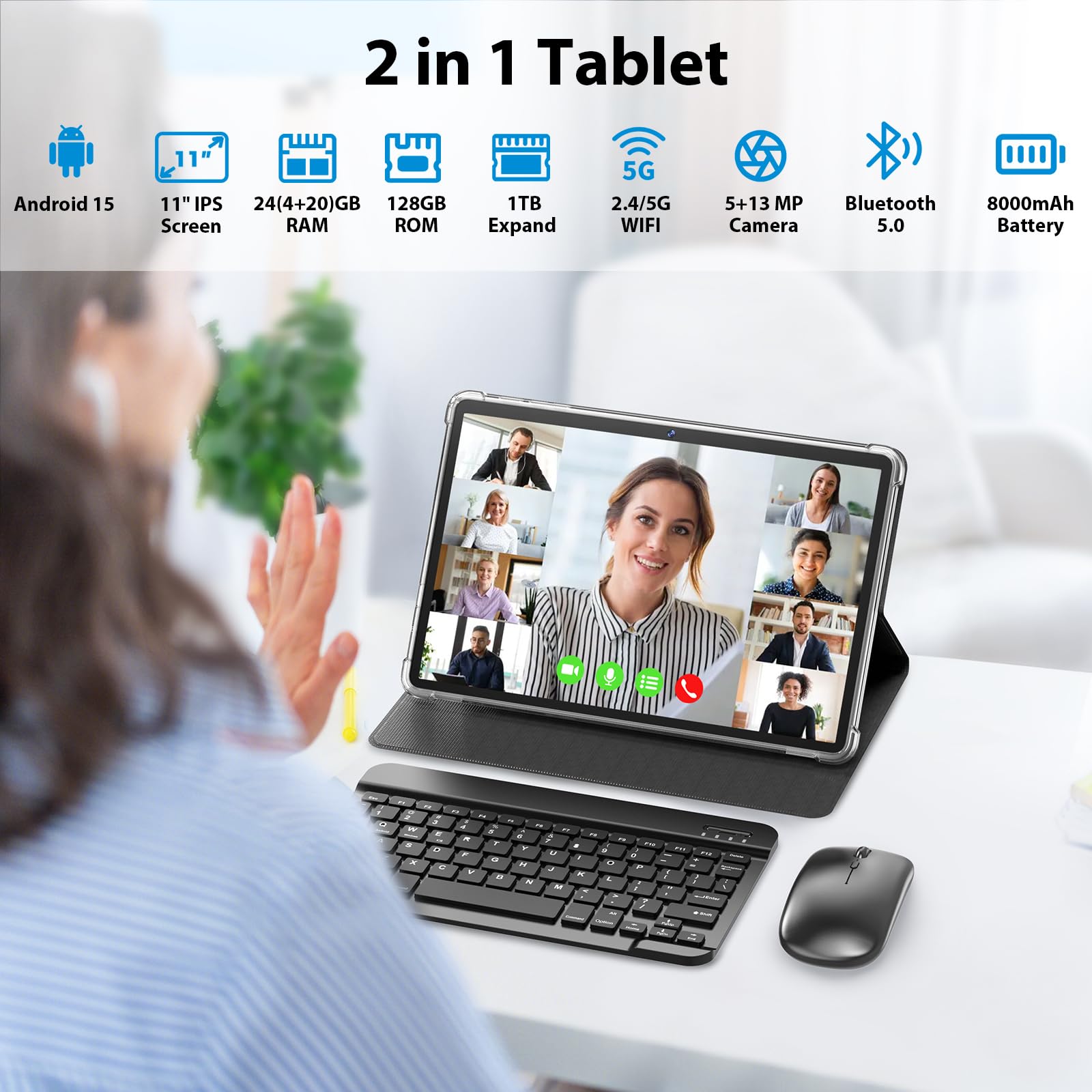 Android Tablet, 11 inch Android 15 Tablet with Keyboard, 24GB+128GB, 1TB Expand, 8000mAh, 5MP+13MP, 2.4G&5G WiFi, IPS Touch Screen, GMS Certified, 2 in 1 Tablets with Case, Mouse, Stylus(Black)