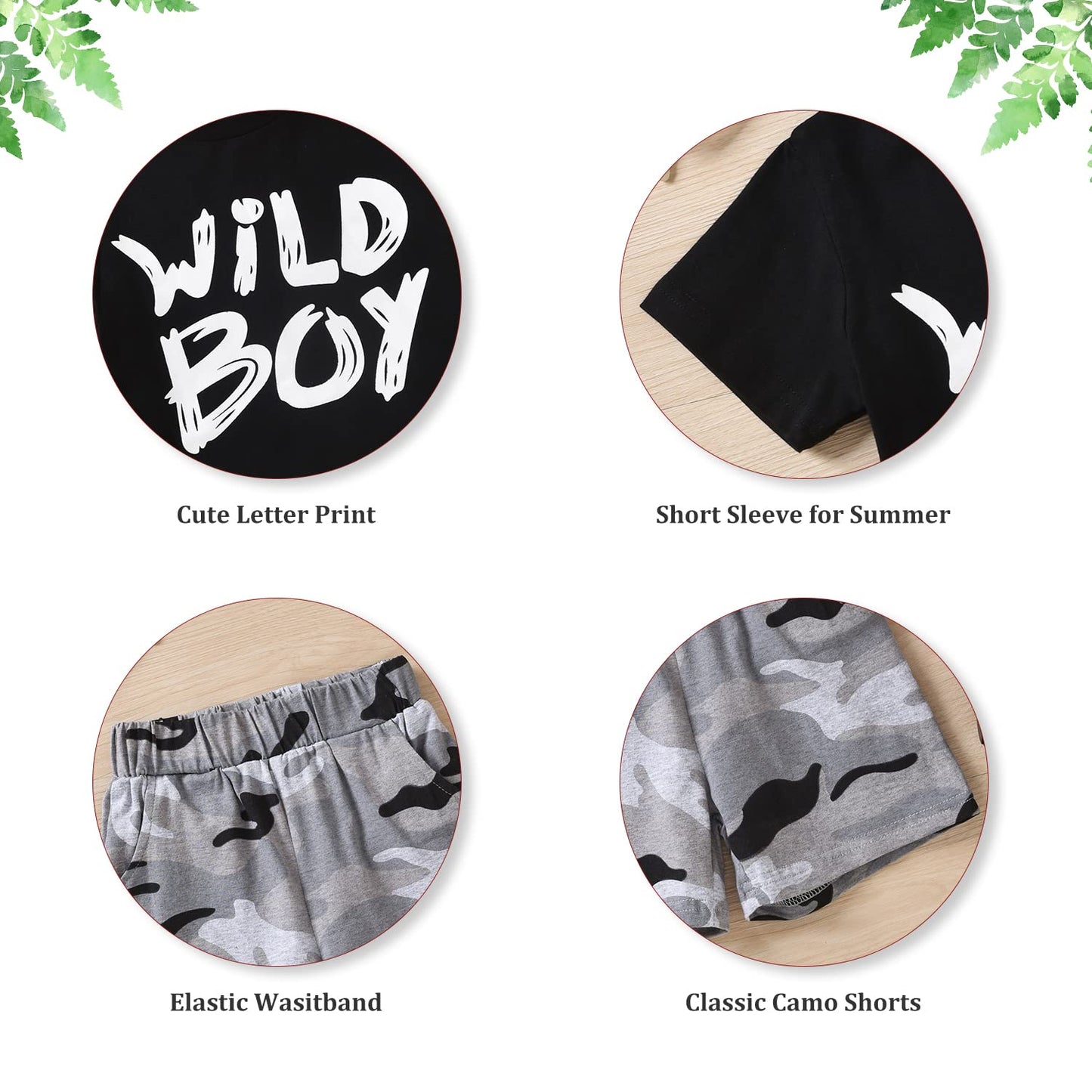 fioukiay 4T Black Toddler Boys Sring Summer Shorts Set Boys Letter Printed Palm Leaf Clothes Outfit