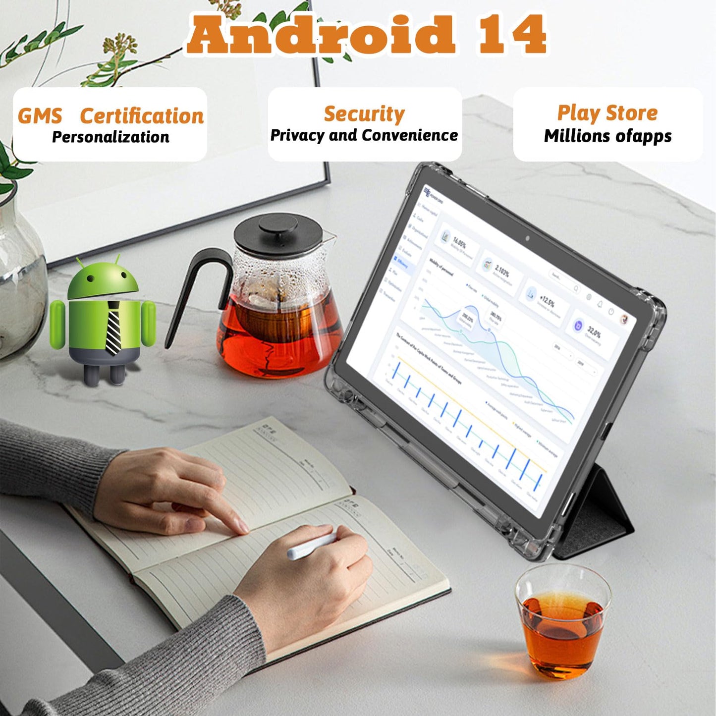 PEICHENG Tablet 11" Android 14.0 with Grey Case, RAM 16GB (4GB+12GB Expansion)+128GB ROM, 5G Wi-Fi, 8000 mAh, 5MP front/13MP Back Camera, Octa Core T606 1.6GHZ (Tablet+case)