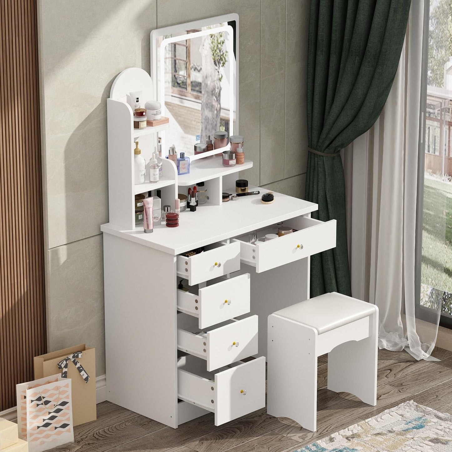 White vanity table with mirror and drawers in a room with curtains and a rug.