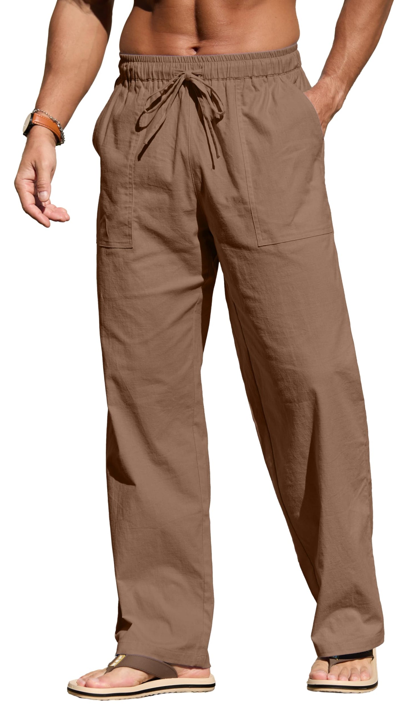 Sailwind Men's Casual Linen Pants Beach Summer Elastic Waist Drawstring Pants Lightweight Linen Trousers White