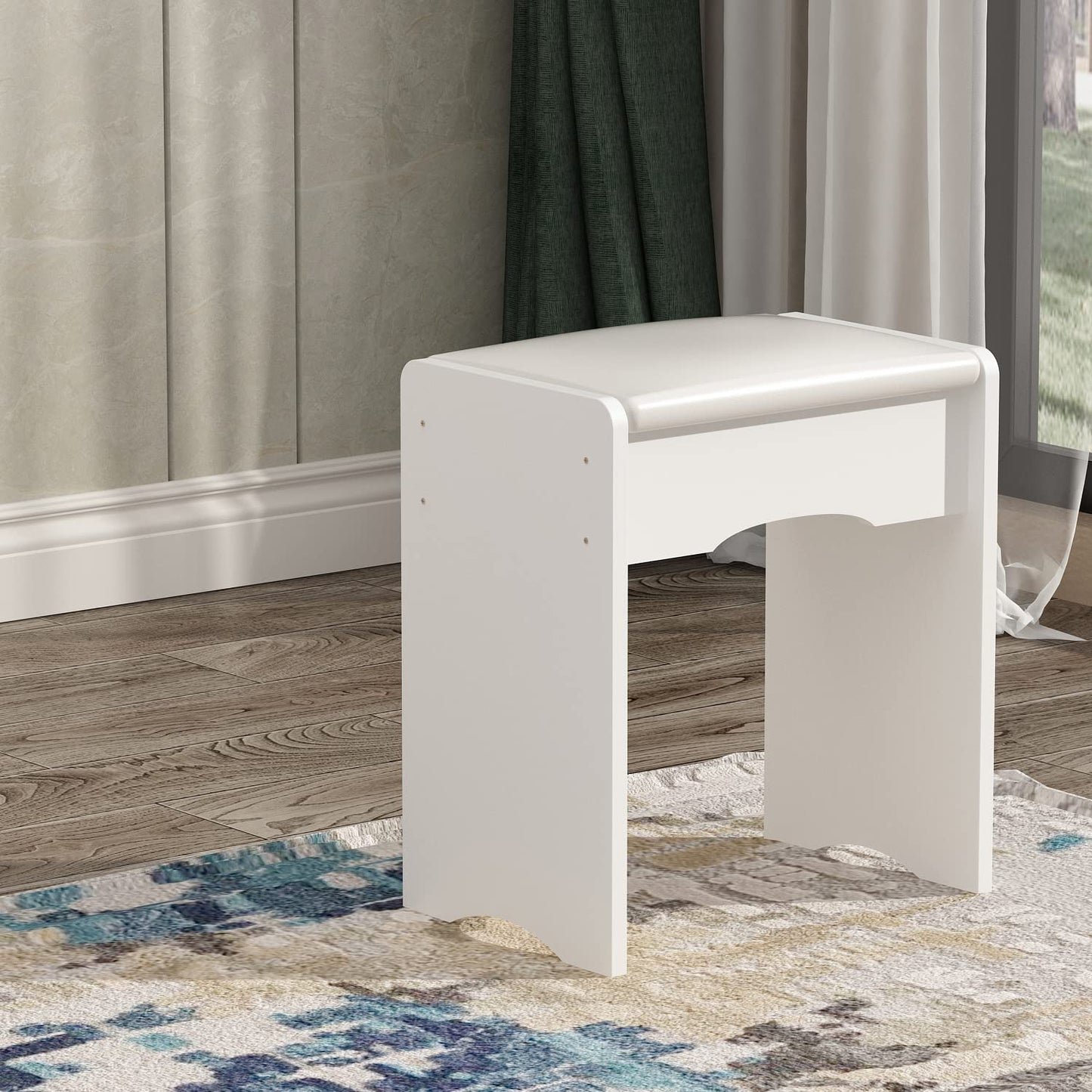 White stool in a room with wooden flooring and a patterned rug.