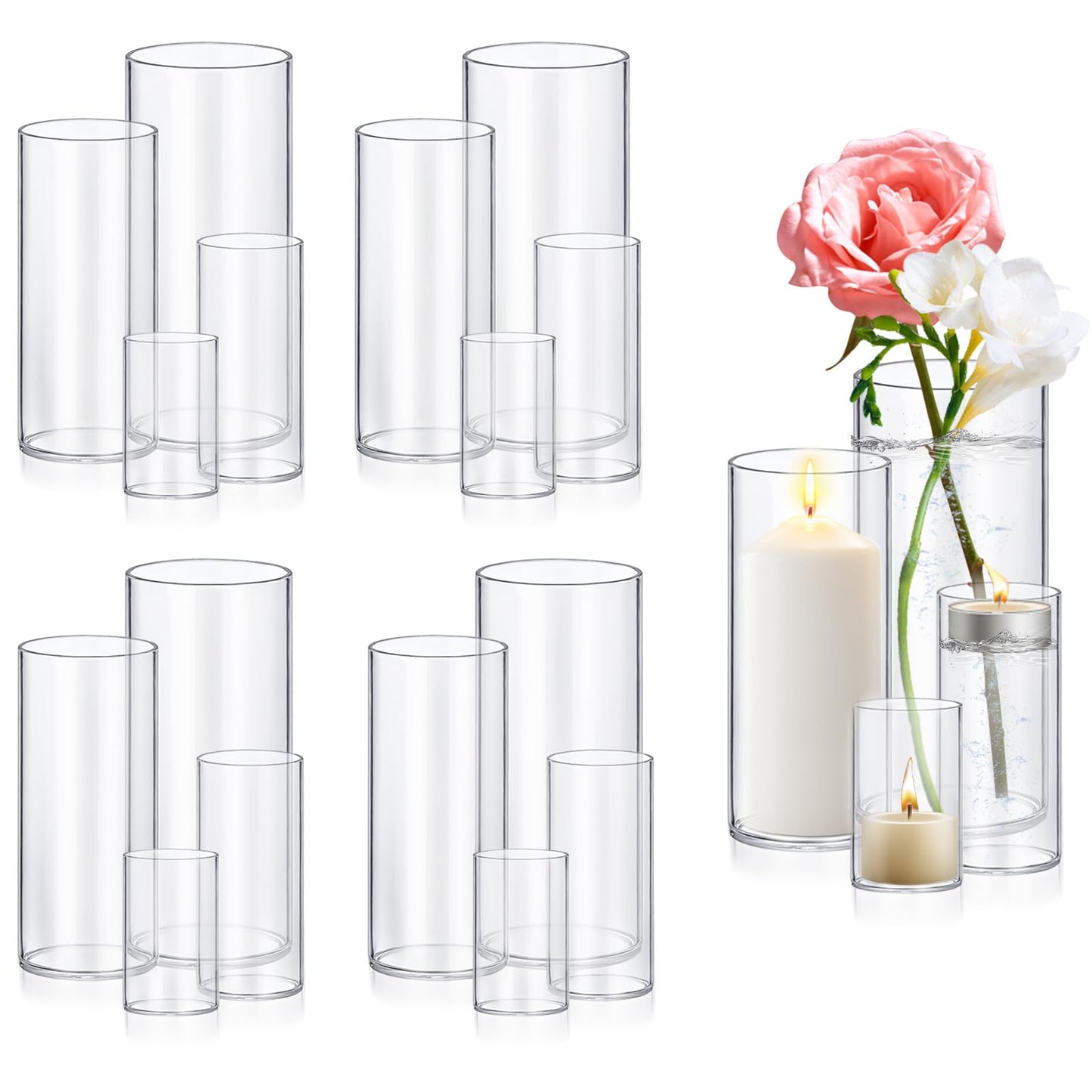 Set of clear cylindrical vases with candles and flowers on a white background