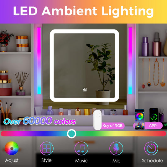 ANWBROAD Makeup Vanity Desk with Mirror and Lights 3 Colors Large Vanity Table with 7 Drawers & RGB Lights White Makeup Table with Charging Station 6 Storage Shelves Stool for Bedroom Women UBDT96W