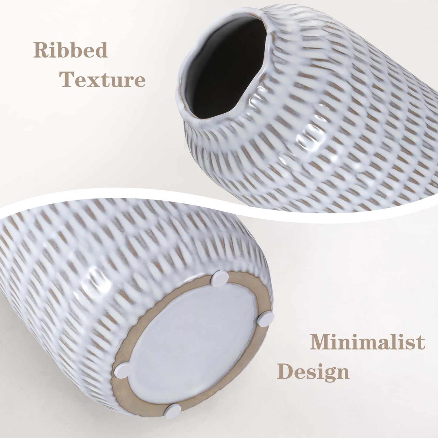 Ceramic Vase for Flowers – Modern Small Ribbed Textured Flower Vase for Home Decor, Pampas Grass, Decorative, Farmhouse, Coffee Table, Kitchen Centerpieces, Bookshelf and Home Living (White)