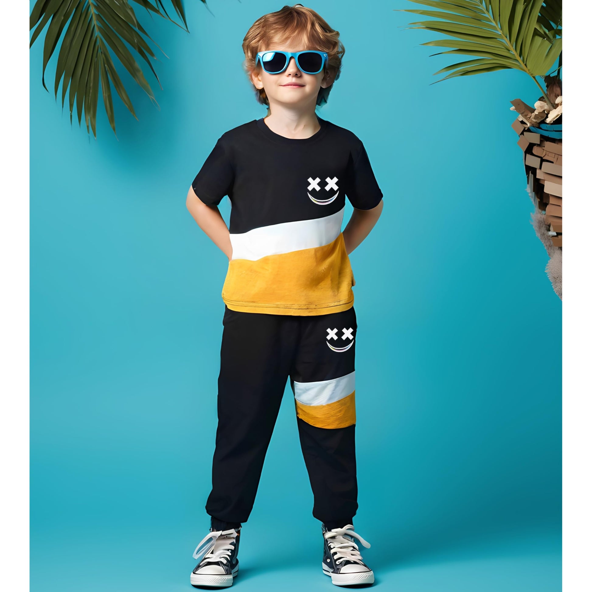 Child wearing a black, yellow, and white shirt with a smiley face design on a blue background