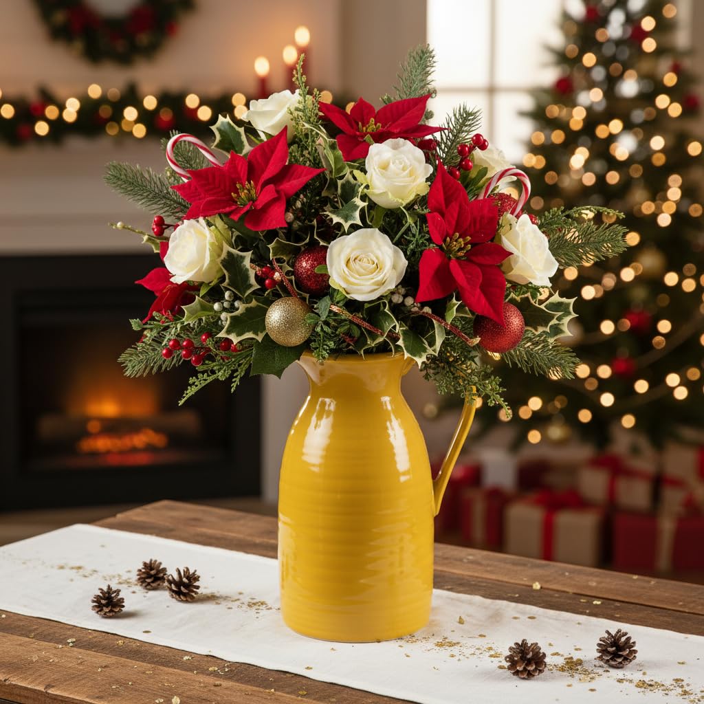 Christmas-themed floral arrangement in a yellow vase with poinsettias and roses, set against a festive background.