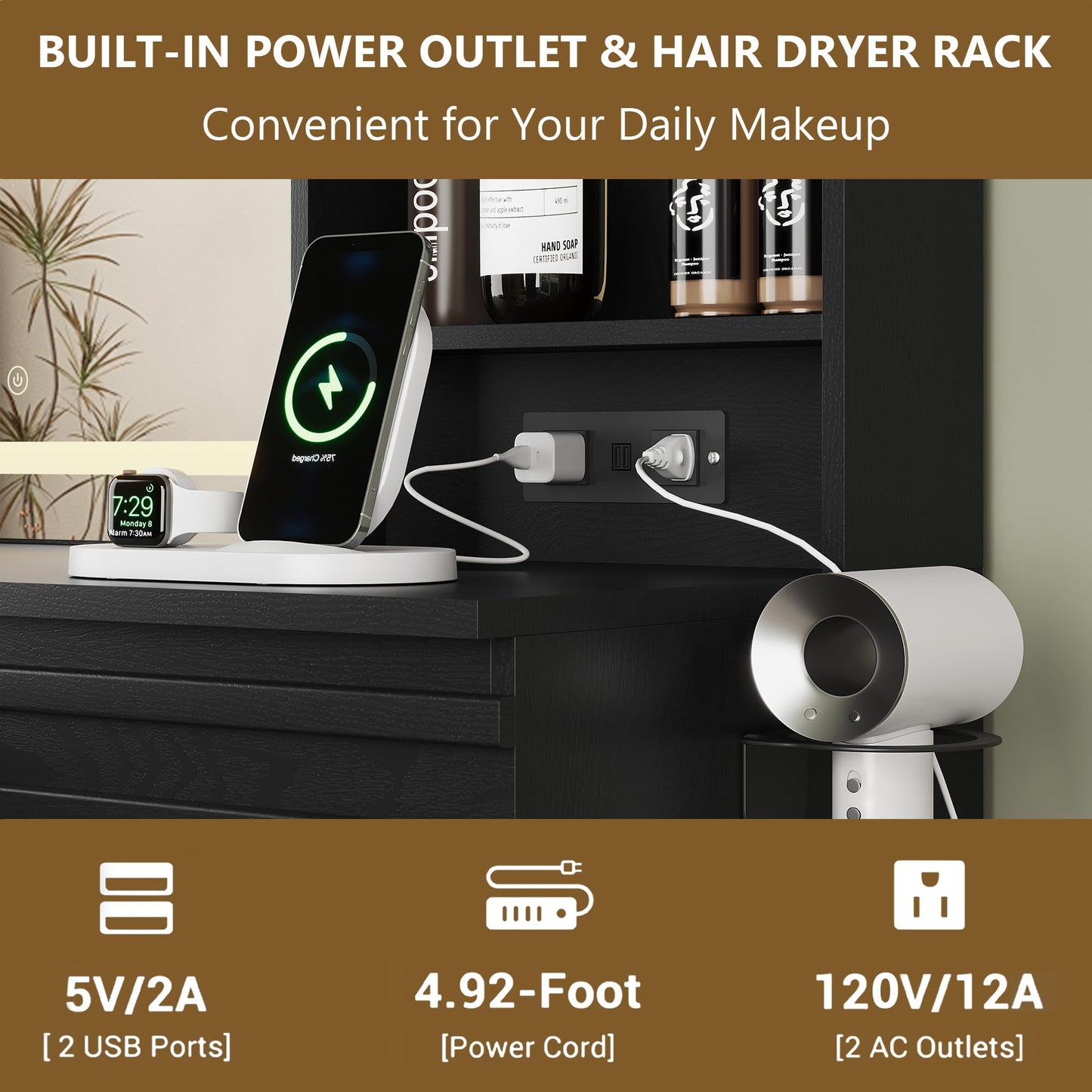 Makeup station with built-in power outlet and hair dryer rack, featuring a phone charging and a hair dryer.