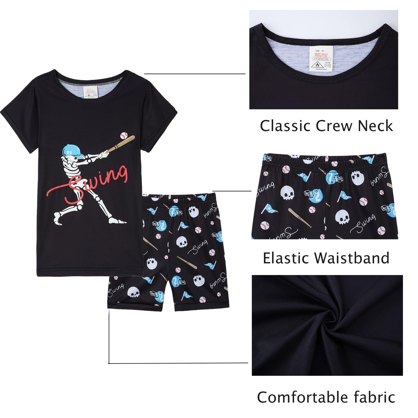 MyFav Big Boys Glow in Dark Skull Pjs Sleepwear Summer Pajama Shorts Sets, Skateboard, 14 Years